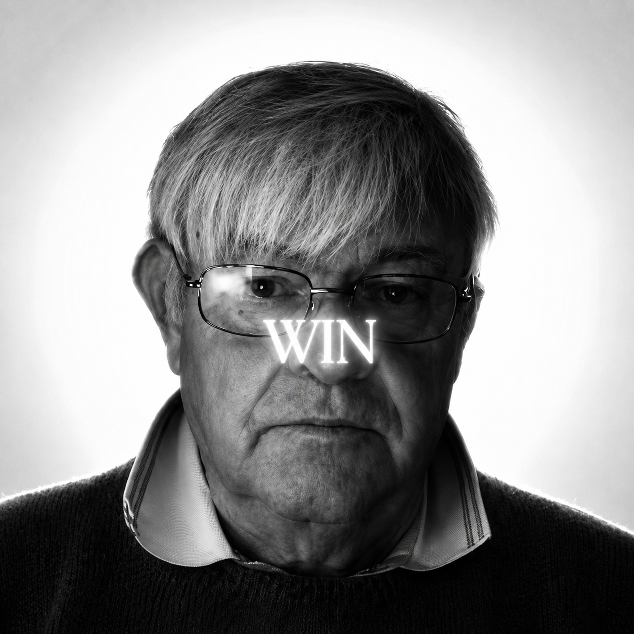 Black and white portrait of the grandpa with glowing WIN across his face